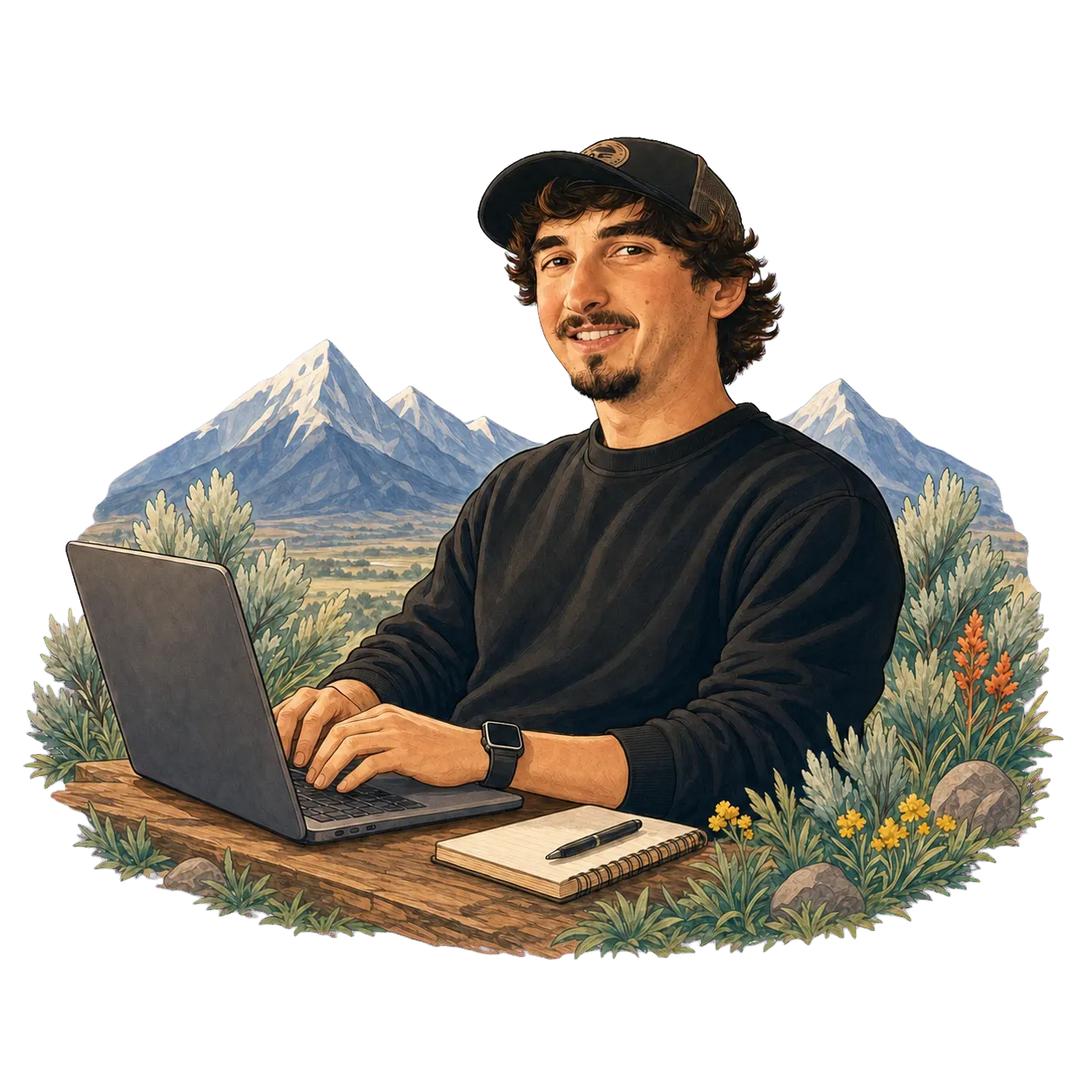 Illustrated portrait of Christian Bitzas, founder of WyoHub, working on a laptop